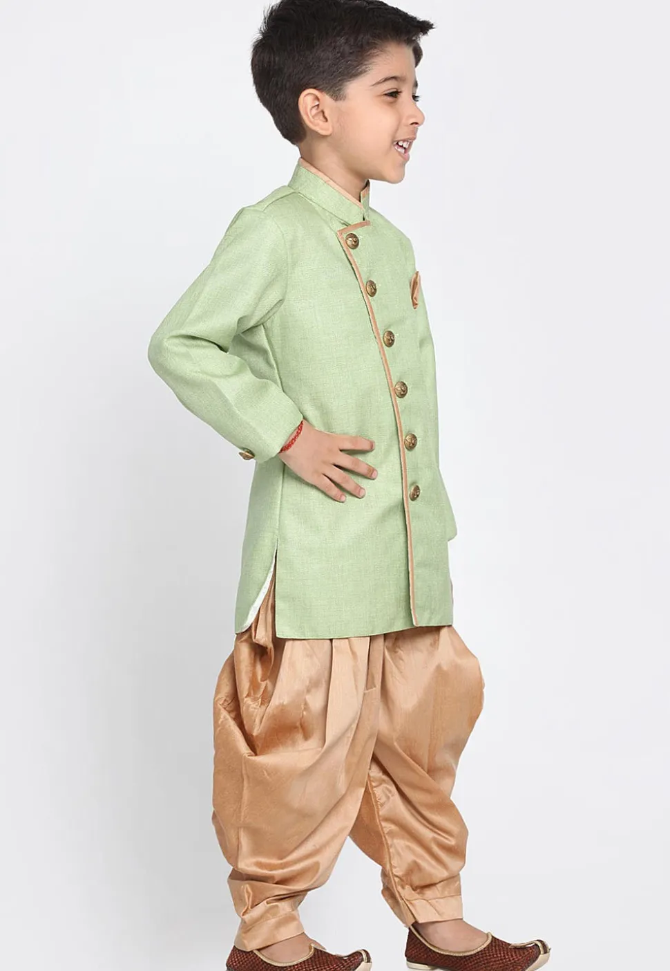 Solid Color Jute Silk Dhoti Sherwani in Light Green