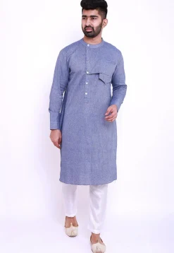 Solid Color Linen Cotton Kurta in Blue