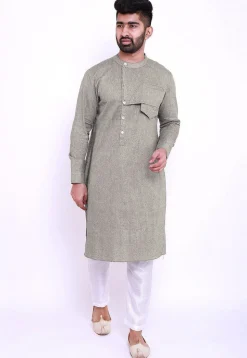 Solid Color Linen Cotton Kurta in Light Grey
