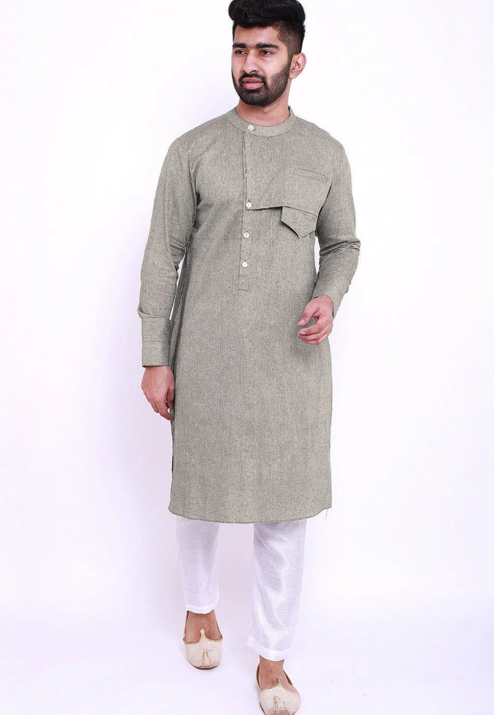 Solid Color Linen Cotton Kurta in Light Grey