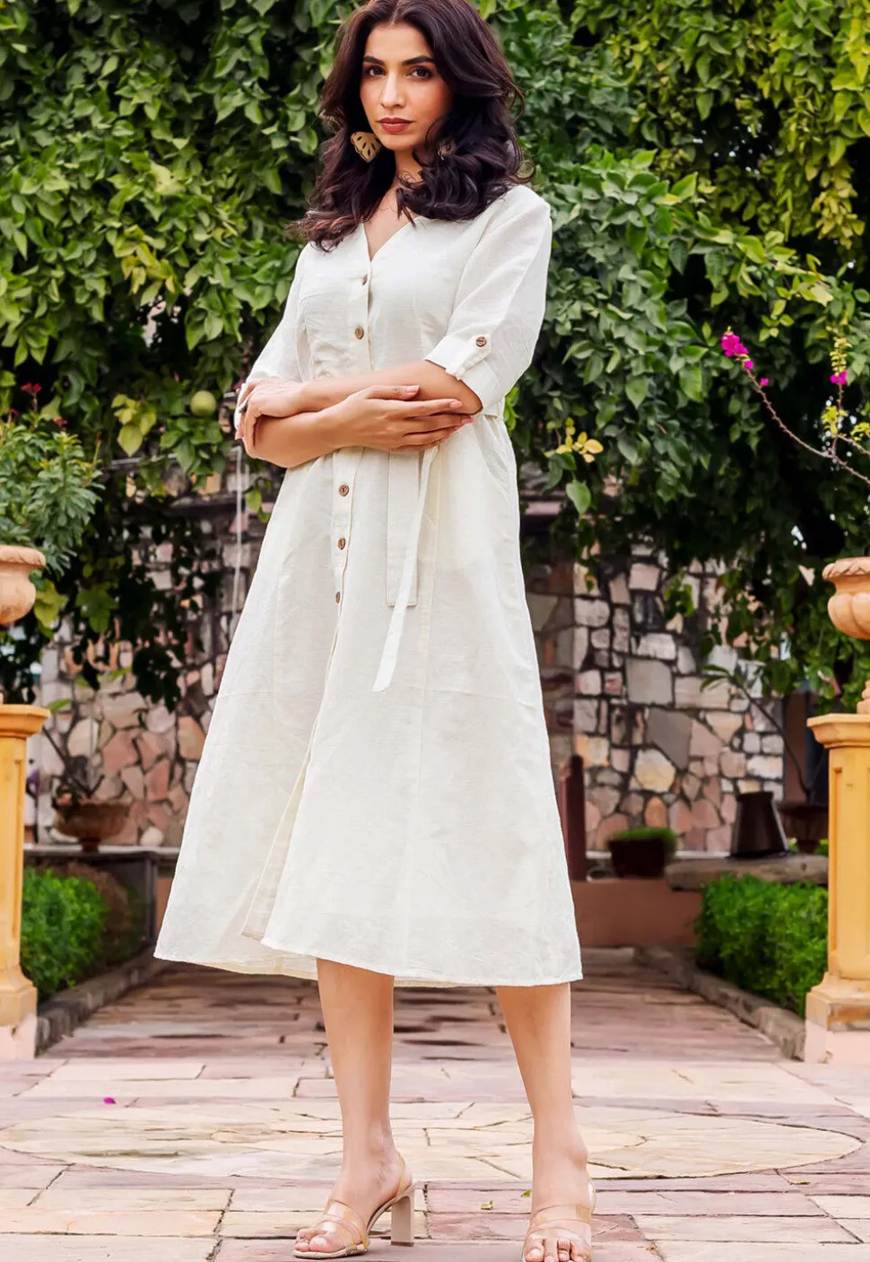 Solid Color Linen Cotton Button Down Dress in Off White