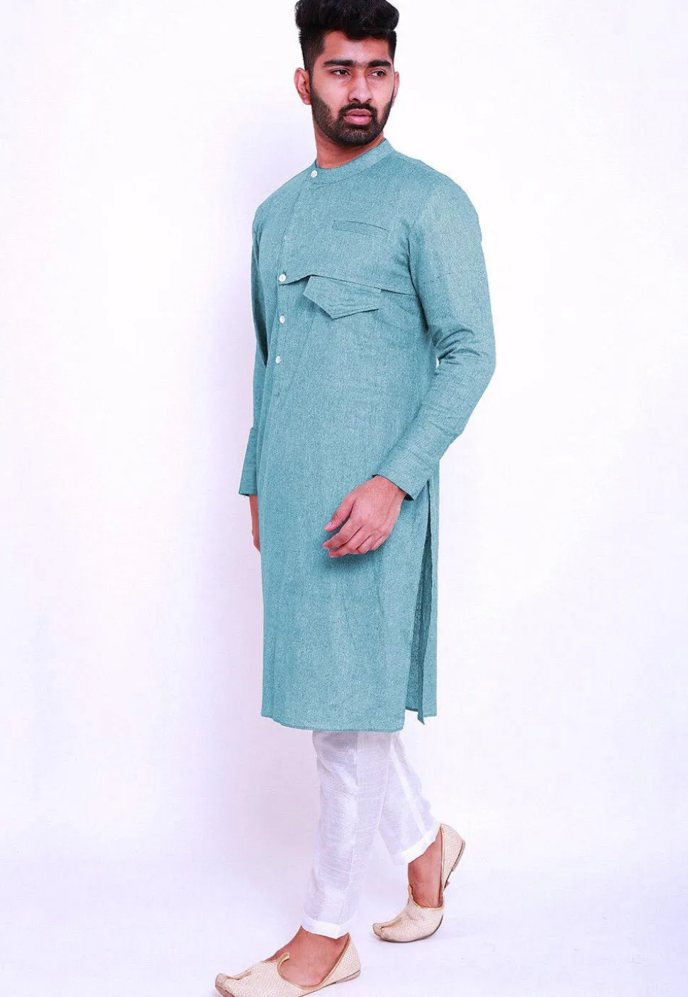 Solid Color Linen Cotton Kurta Set in Sky Blue