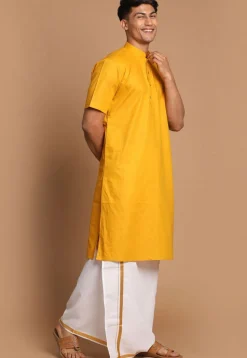 Solid Color Linen Cotton Kurta Mundu Set in Mustard