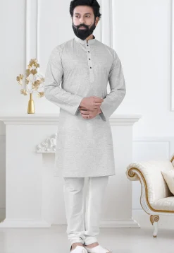 Solid Color Linen Kurta Set in Light Grey