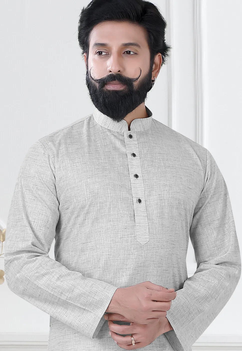 Solid Color Linen Kurta Set in Light Grey