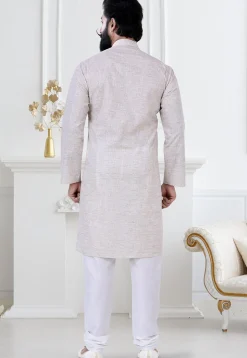 Solid Color Linen Kurta Set in Light Grey