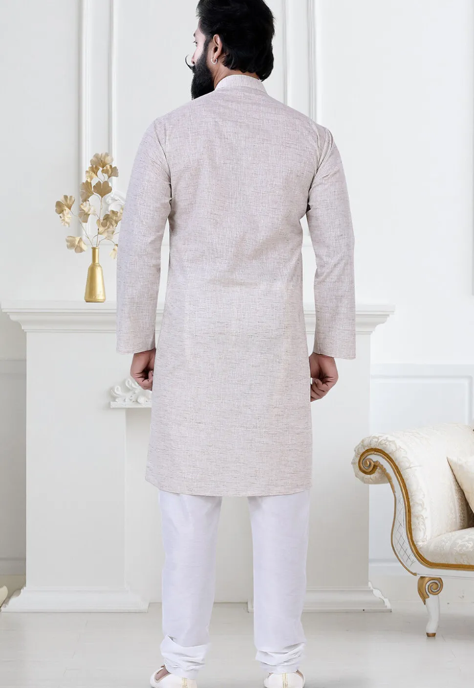 Solid Color Linen Kurta Set in Light Grey