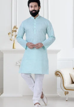 Solid Color Linen Kurta Set in Sky Blue
