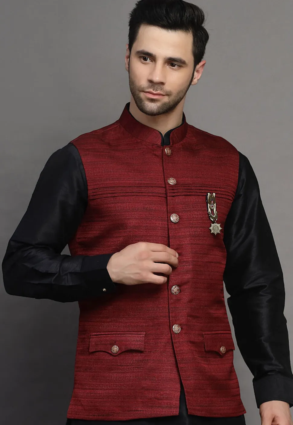 Solid Color Matka Silk Nehru Jacket in Maroon