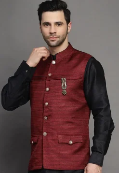 Solid Color Matka Silk Nehru Jacket in Maroon