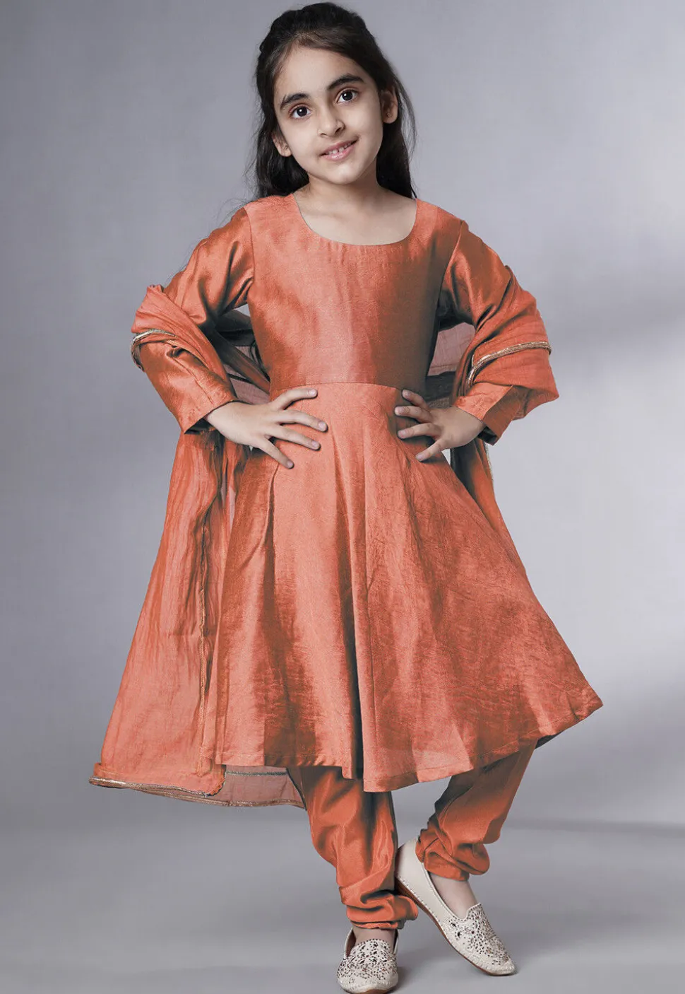 Solid Color Muslin Silk A Line Suit in Dark Peach