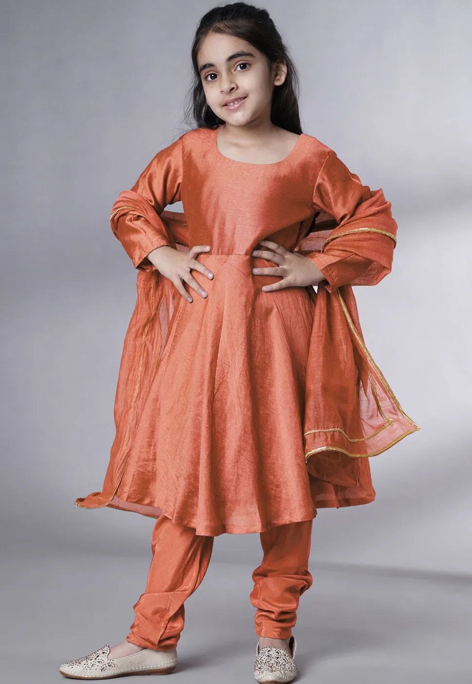 Solid Color Muslin Silk A Line Suit in Dark Peach