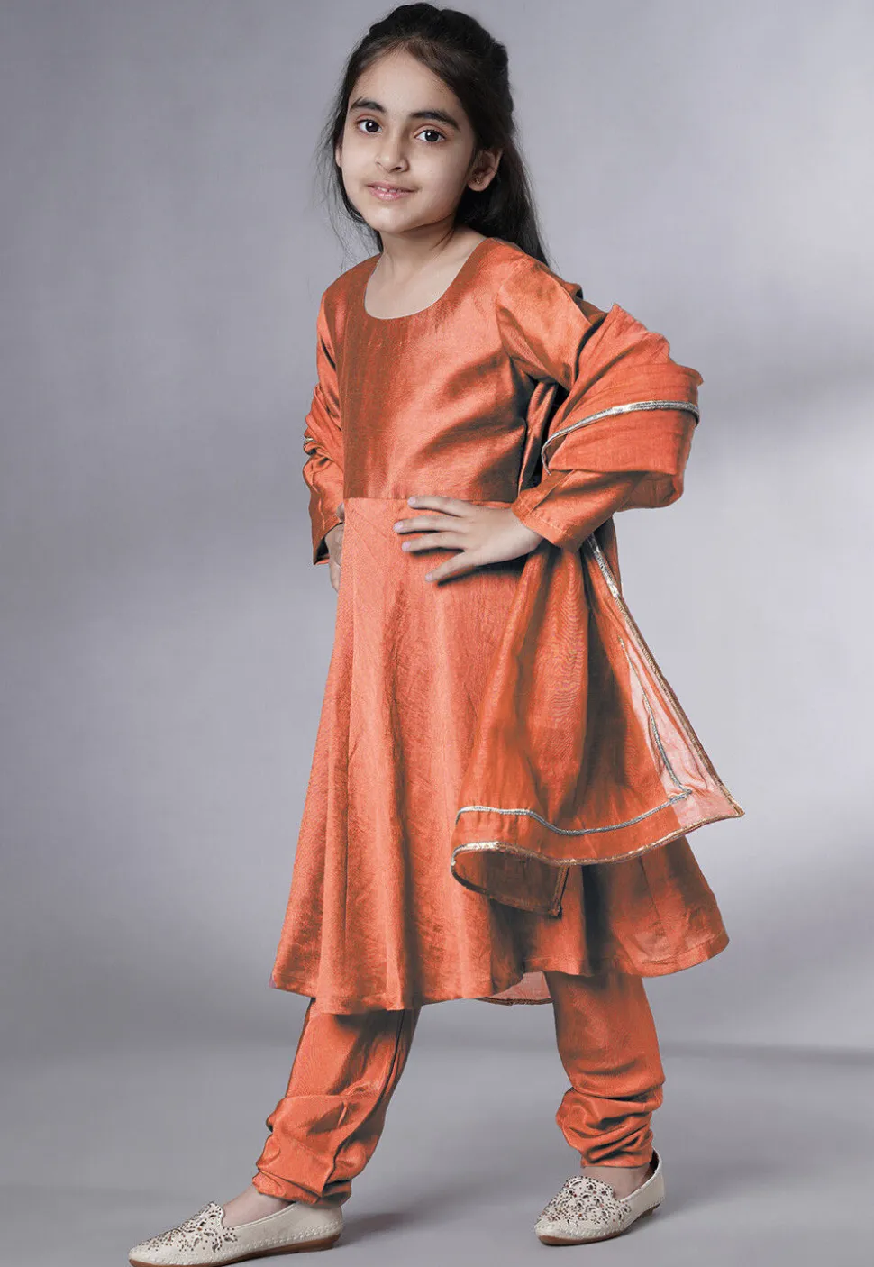 Solid Color Muslin Silk A Line Suit in Dark Peach
