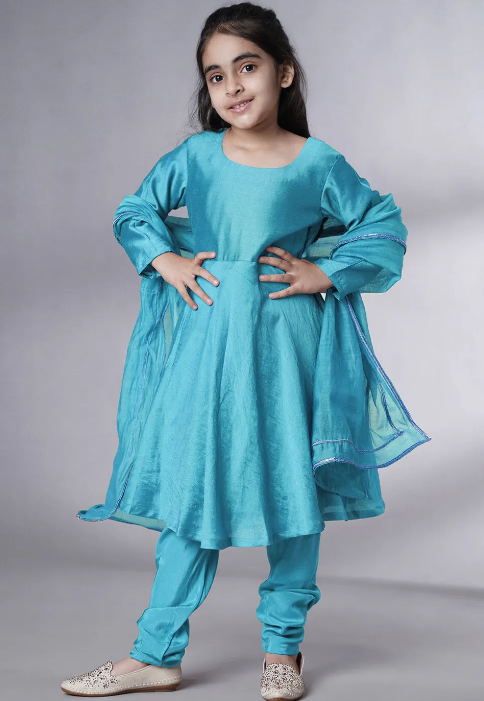 Solid Color Muslin Silk A Line Suit in Sky Blue