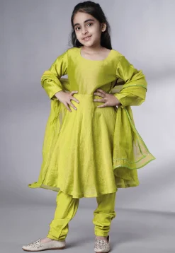 Solid Color Muslin Silk A Line Suit in Olive Green