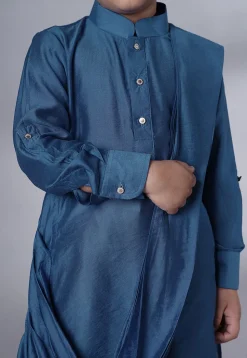 Solid Color Muslin Silk Kurta Set in Teal Blue