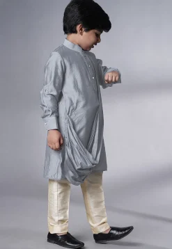 Solid Color Muslin Silk Kurta Set in Grey