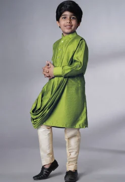 Solid Color Muslin Silk Kurta Set in Olive Green
