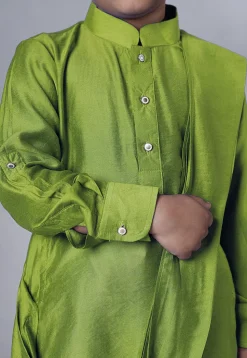 Solid Color Muslin Silk Kurta Set in Olive Green