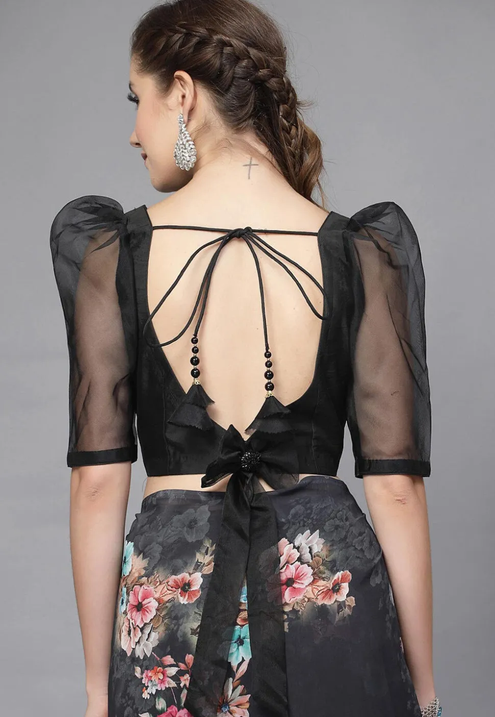 Solid Color Organza and Taffeta Silk Blouse in Black