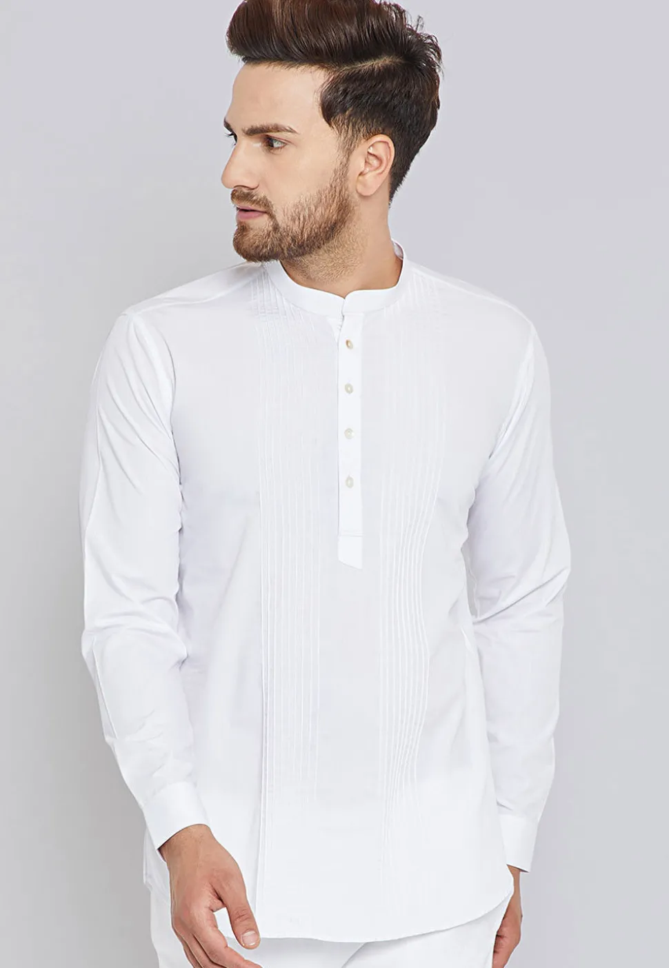 Solid Color Pintucked Cotton Short Kurta in White