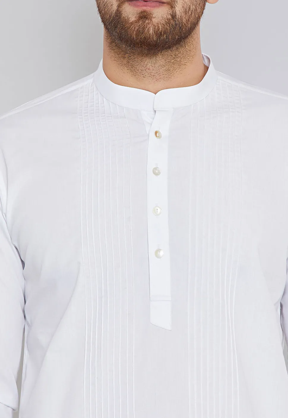 Solid Color Pintucked Cotton Short Kurta in White