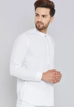 Solid Color Pintucked Cotton Short Kurta in White