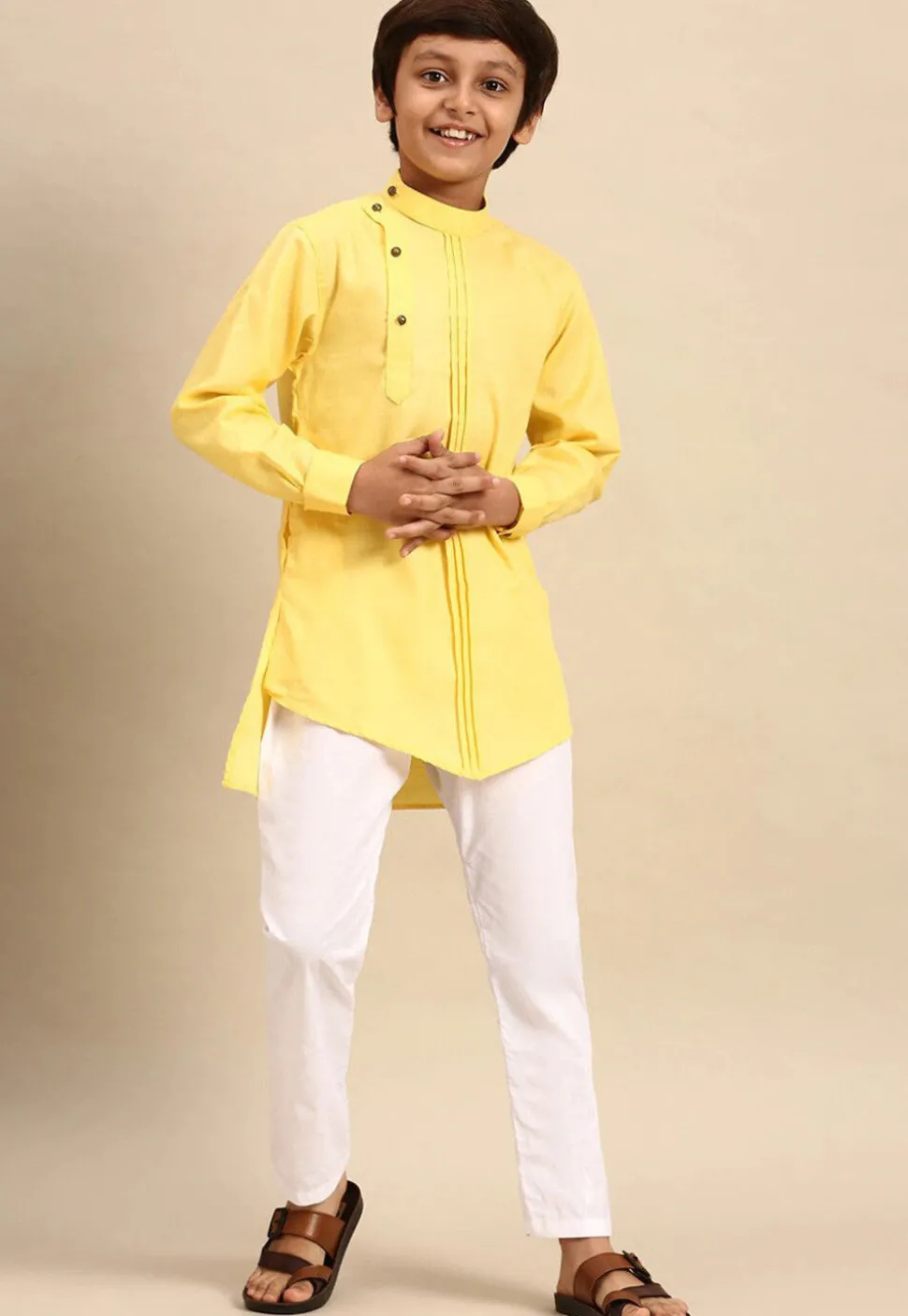Solid Color Poly Cotton Asymmetric Short Kurta Set in Yellow