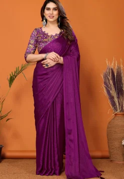 Solid Color Polyester Brasso Saree in Wine