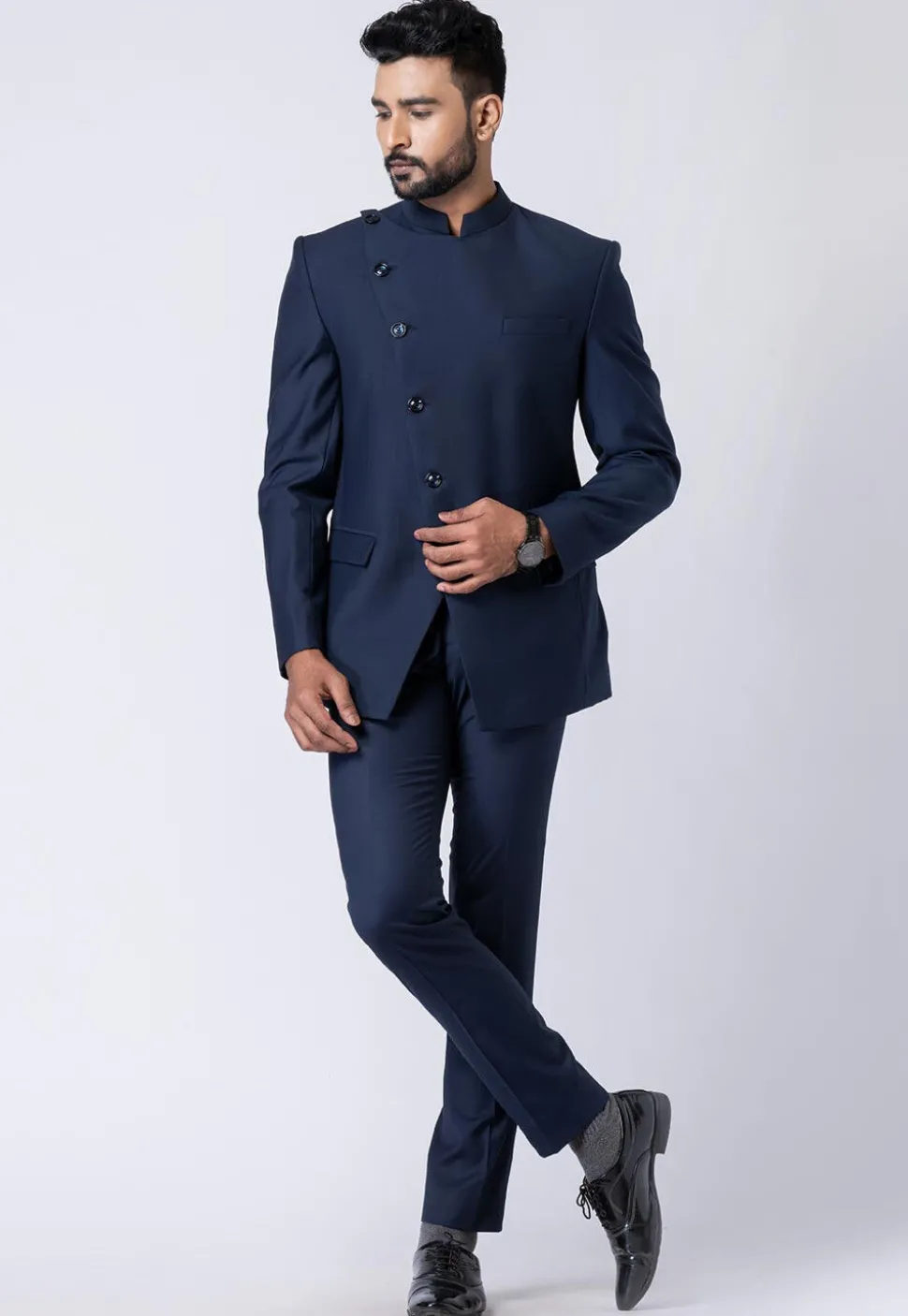 Solid Color Polyester Jodhpuri Suit in Navy Blue