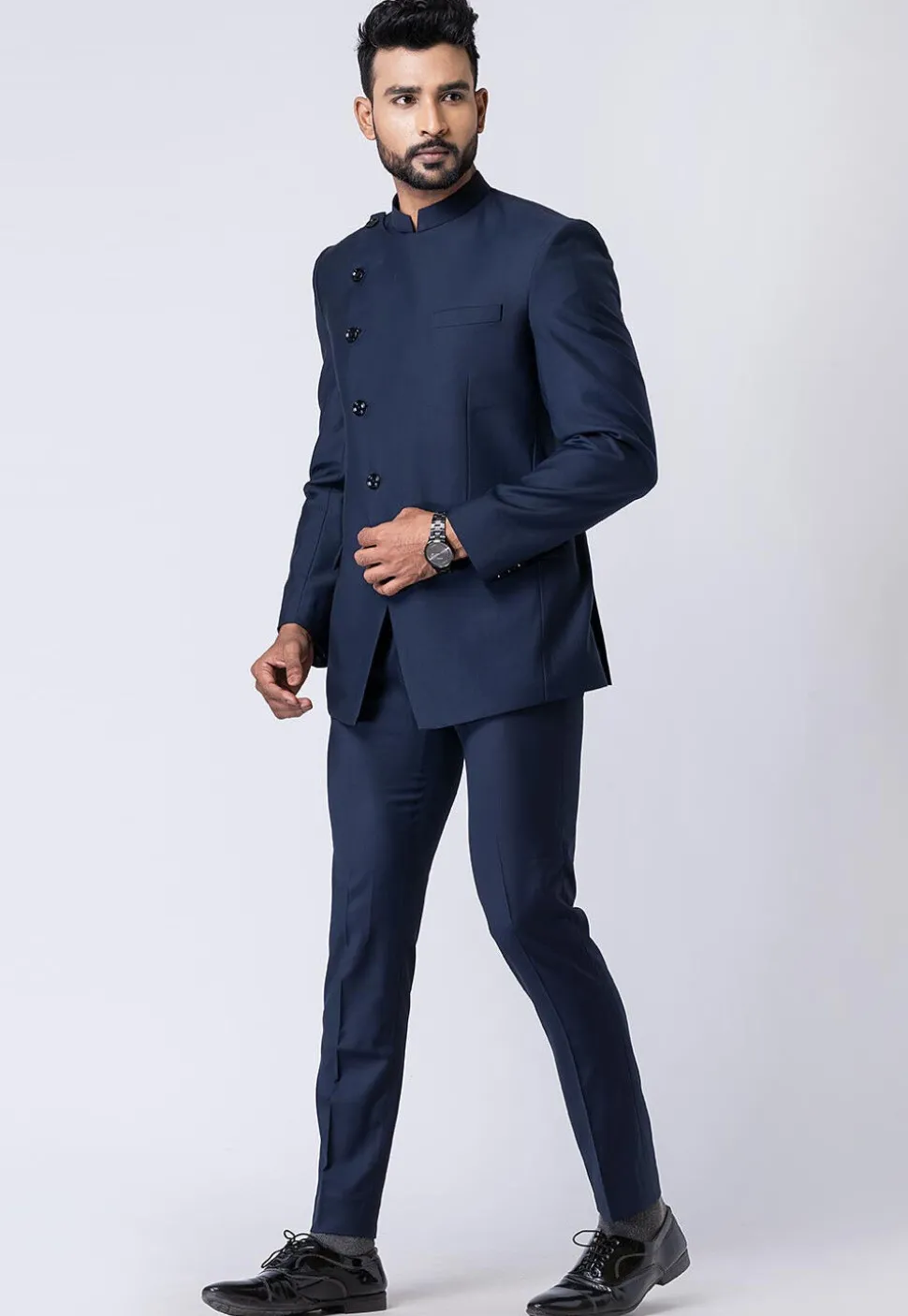 Solid Color Polyester Jodhpuri Suit in Navy Blue