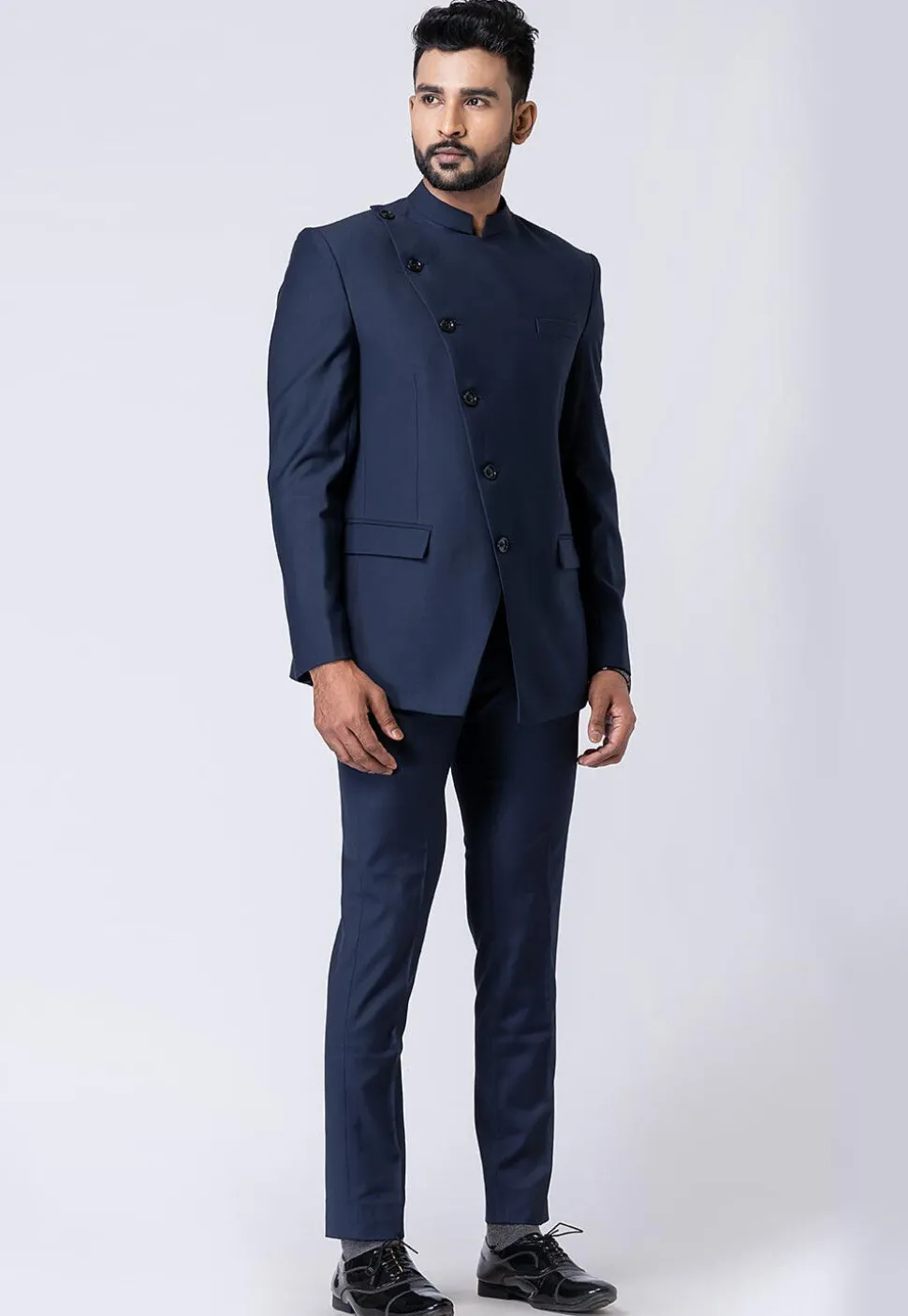 Solid Color Polyester Jodhpuri Suit in Navy Blue