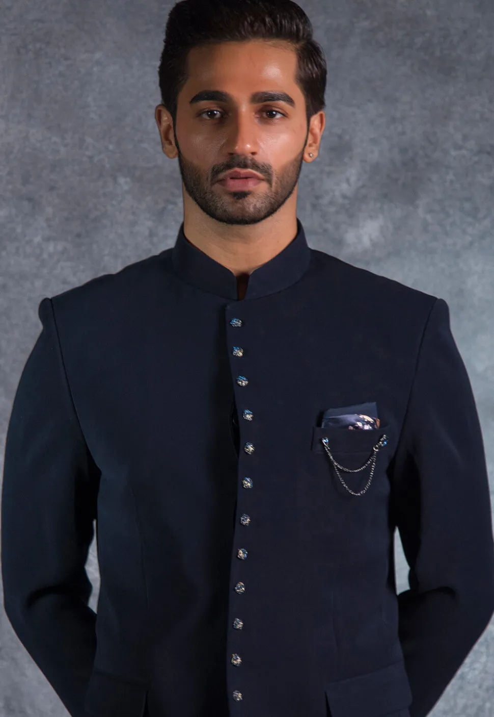 Solid Color Polyester Jodhpuri Suit in Navy Blue