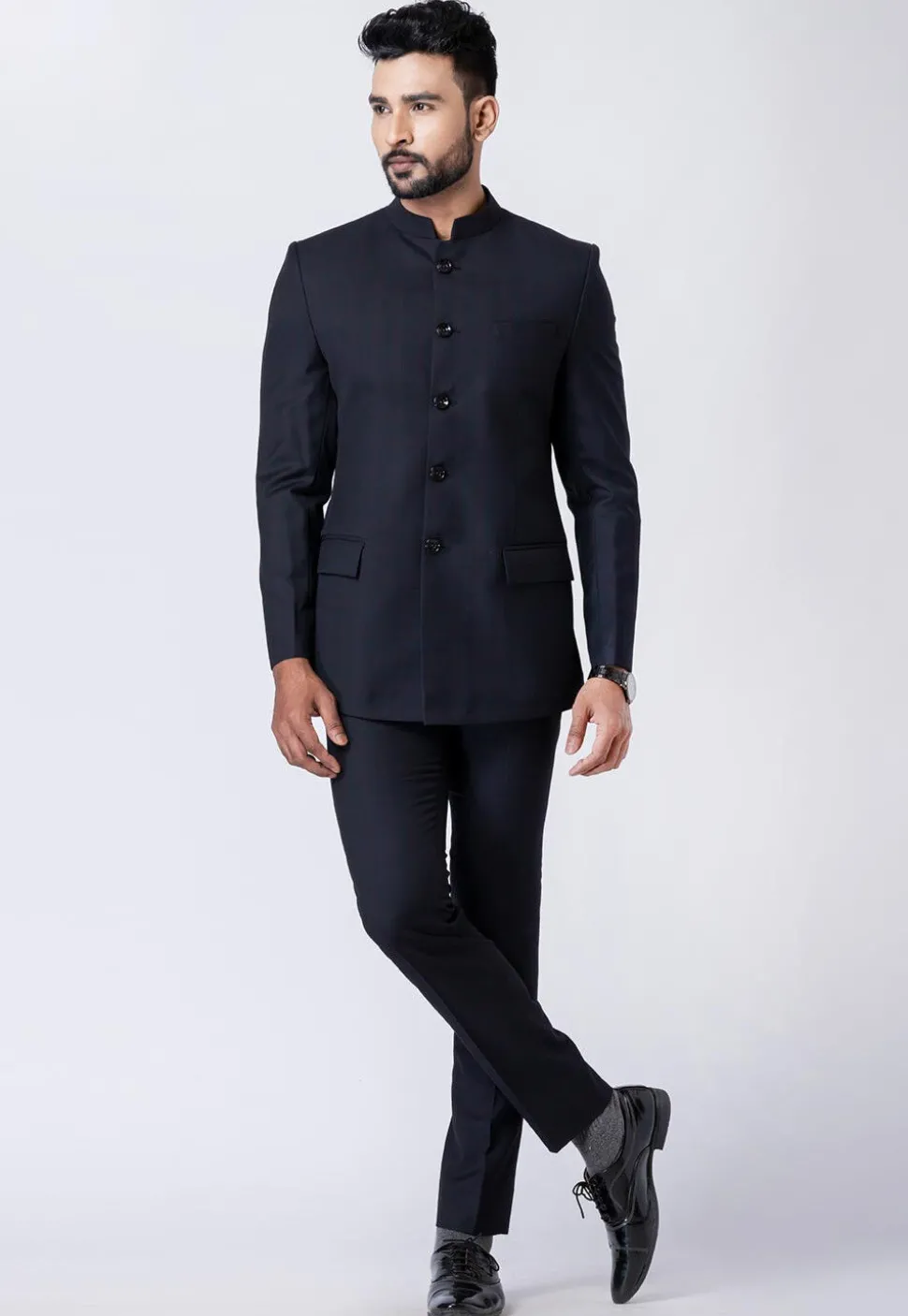 Solid Color Polyester Jodhpuri Suit in Black