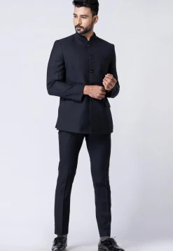 Solid Color Polyester Jodhpuri Suit in Black
