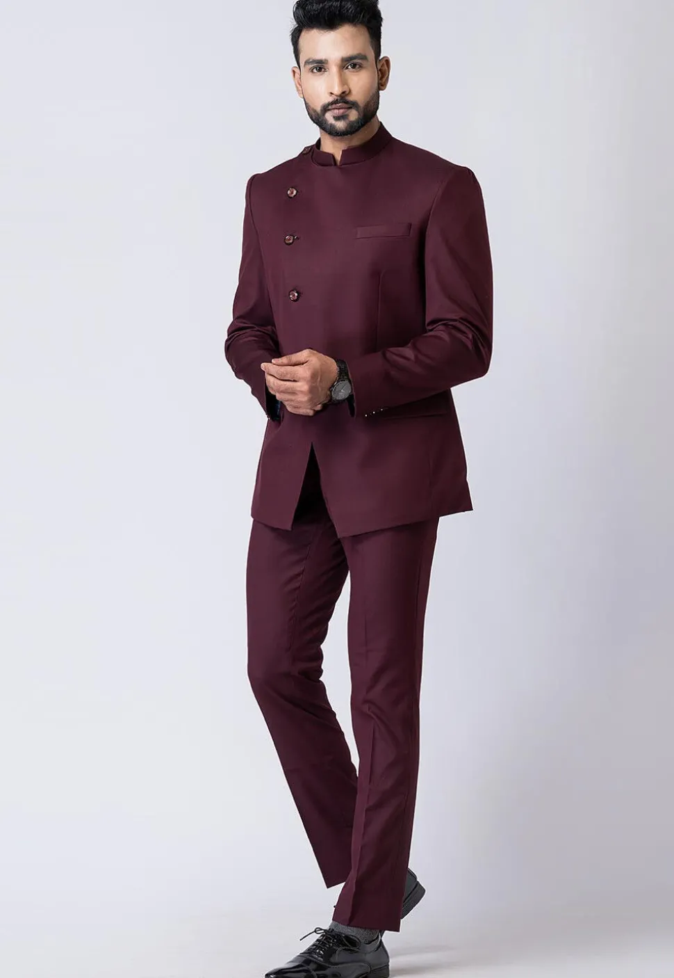Solid Color Polyester Jodhpuri Suit in Wine