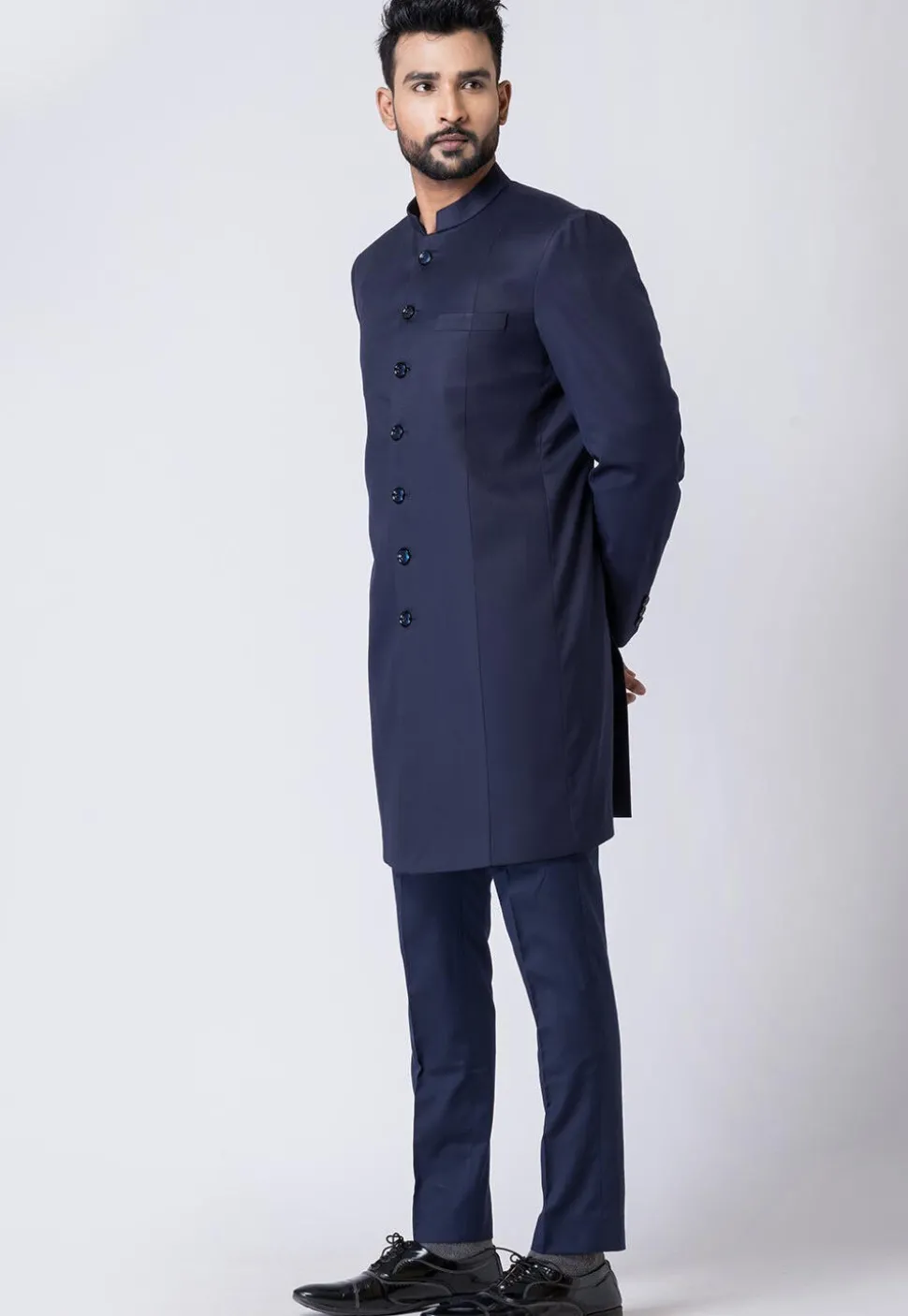 Solid Color Polyester Jodhpuri Suit in Navy Blue