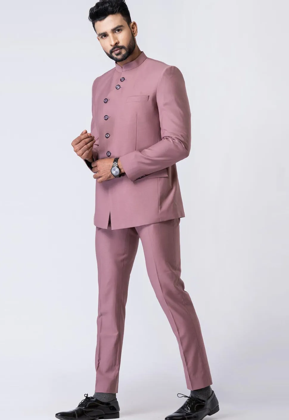 Solid Color Polyester Jodhpuri Suit in Old Rose