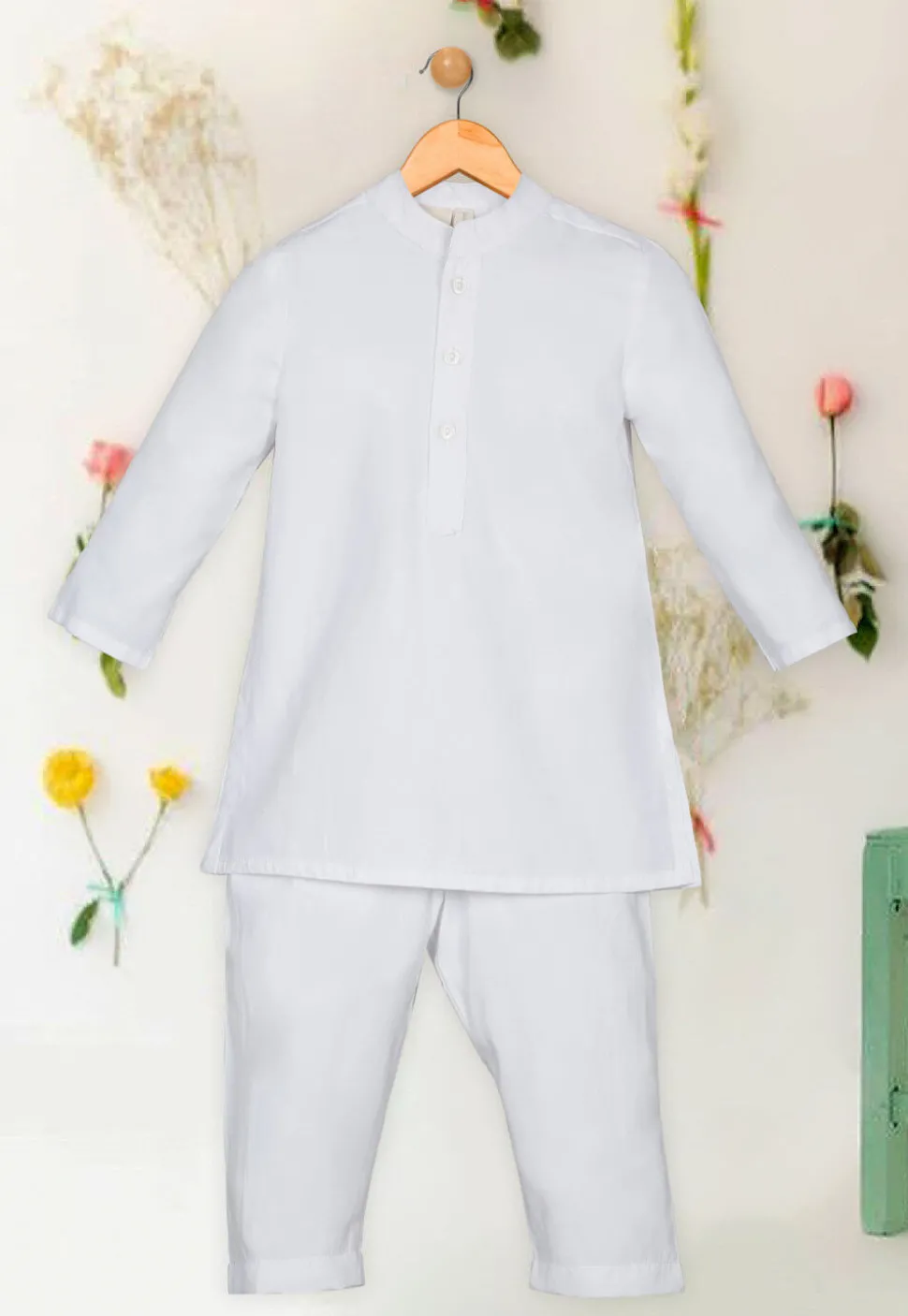 Solid Color Polyester Kurta Set in White
