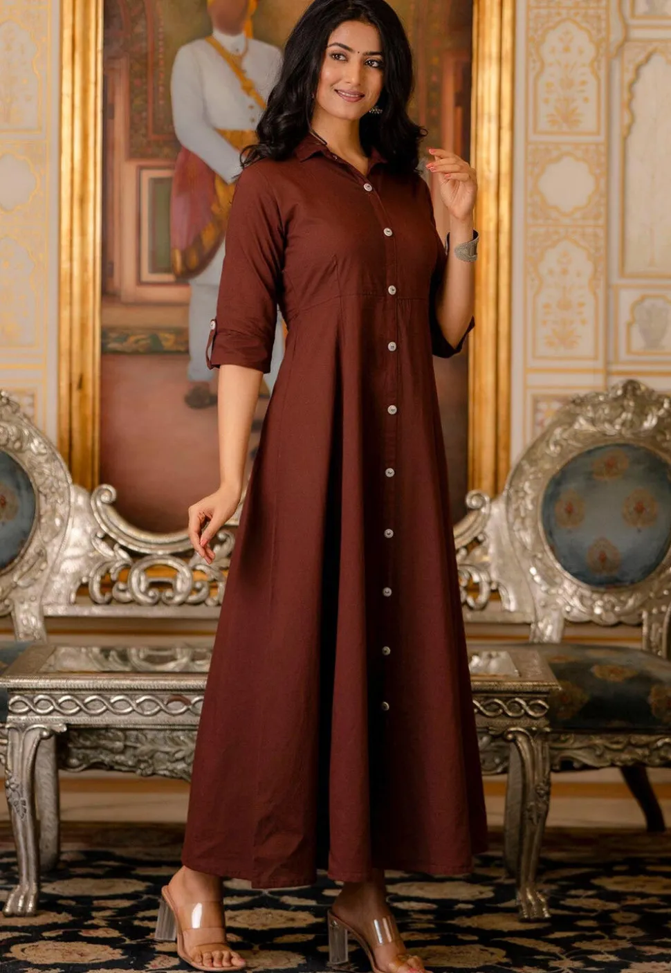 Solid Color Pure Cotton Aline Dress in Brown