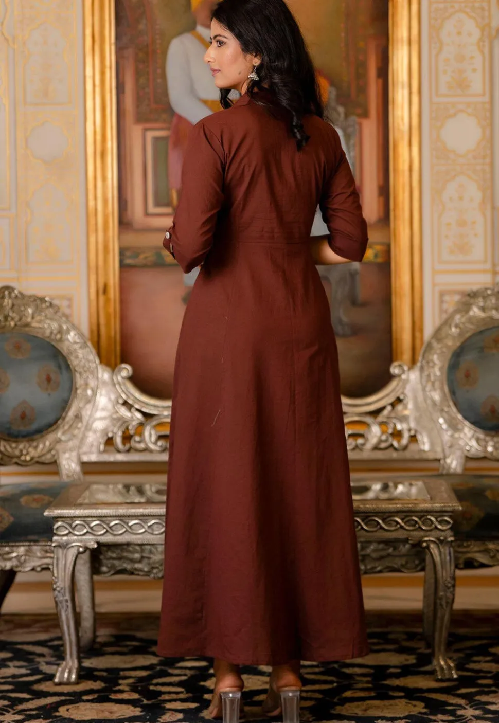 Solid Color Pure Cotton Aline Dress in Brown