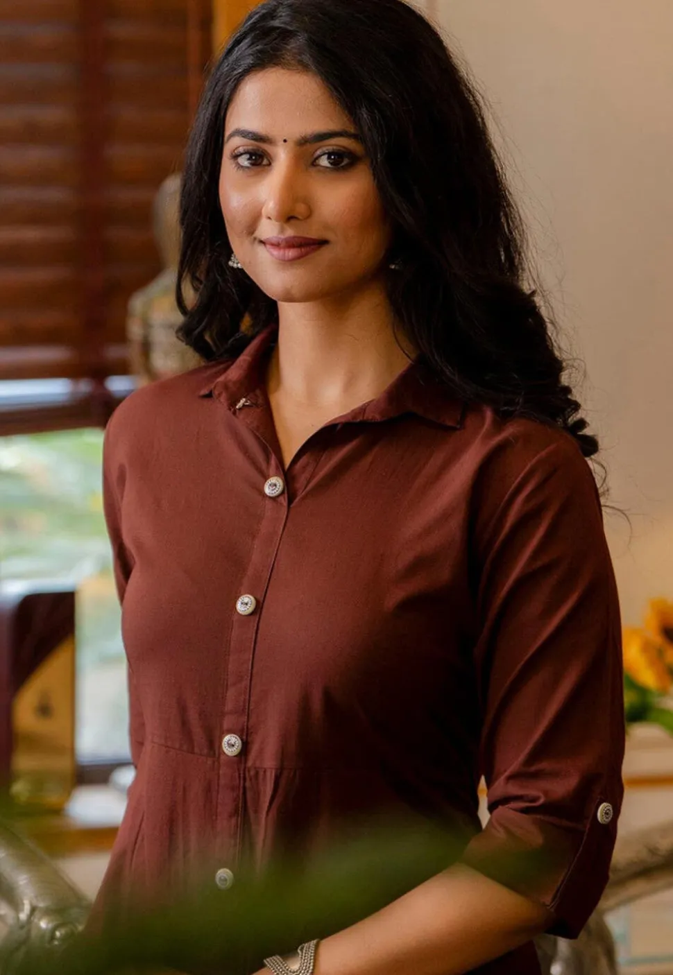 Solid Color Pure Cotton Aline Dress in Brown