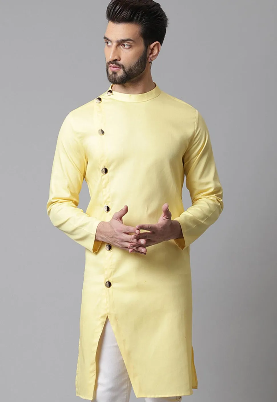 Solid Color Pure Cotton Side Open Kurta in Light Yellow