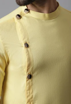 Solid Color Pure Cotton Side Open Kurta in Light Yellow