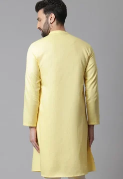 Solid Color Pure Cotton Side Open Kurta in Light Yellow