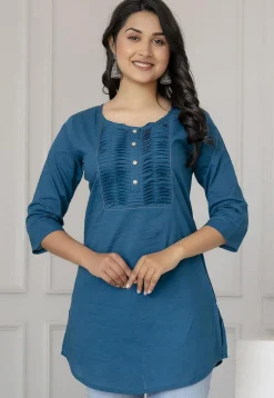 Solid Color Pure Cotton Straight Kurti in Teal Blue