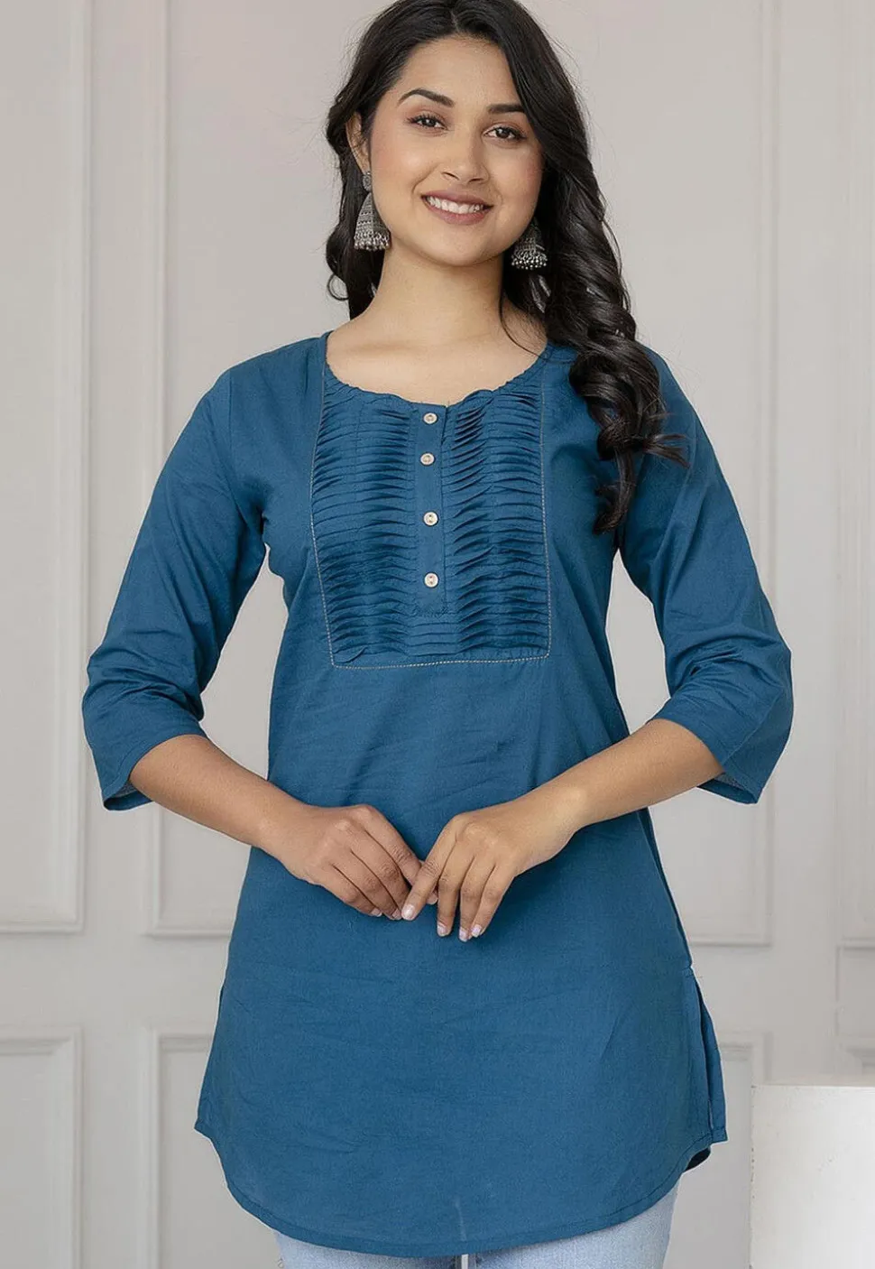 Solid Color Pure Cotton Straight Kurti in Teal Blue
