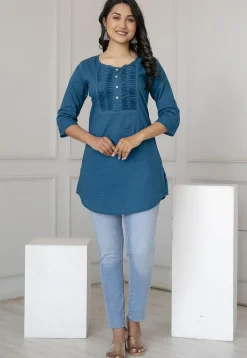 Solid Color Pure Cotton Straight Kurti in Teal Blue