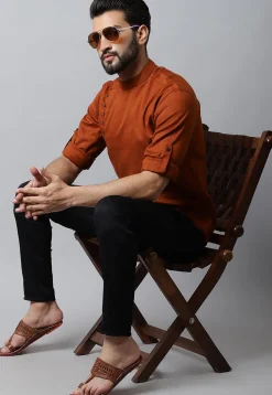 Solid Color Pure Cotton Short Kurta in Dark Rust