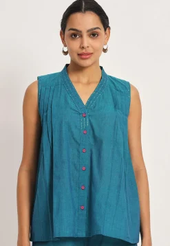 Solid Color Pure Cotton Tunic in Teal Blue